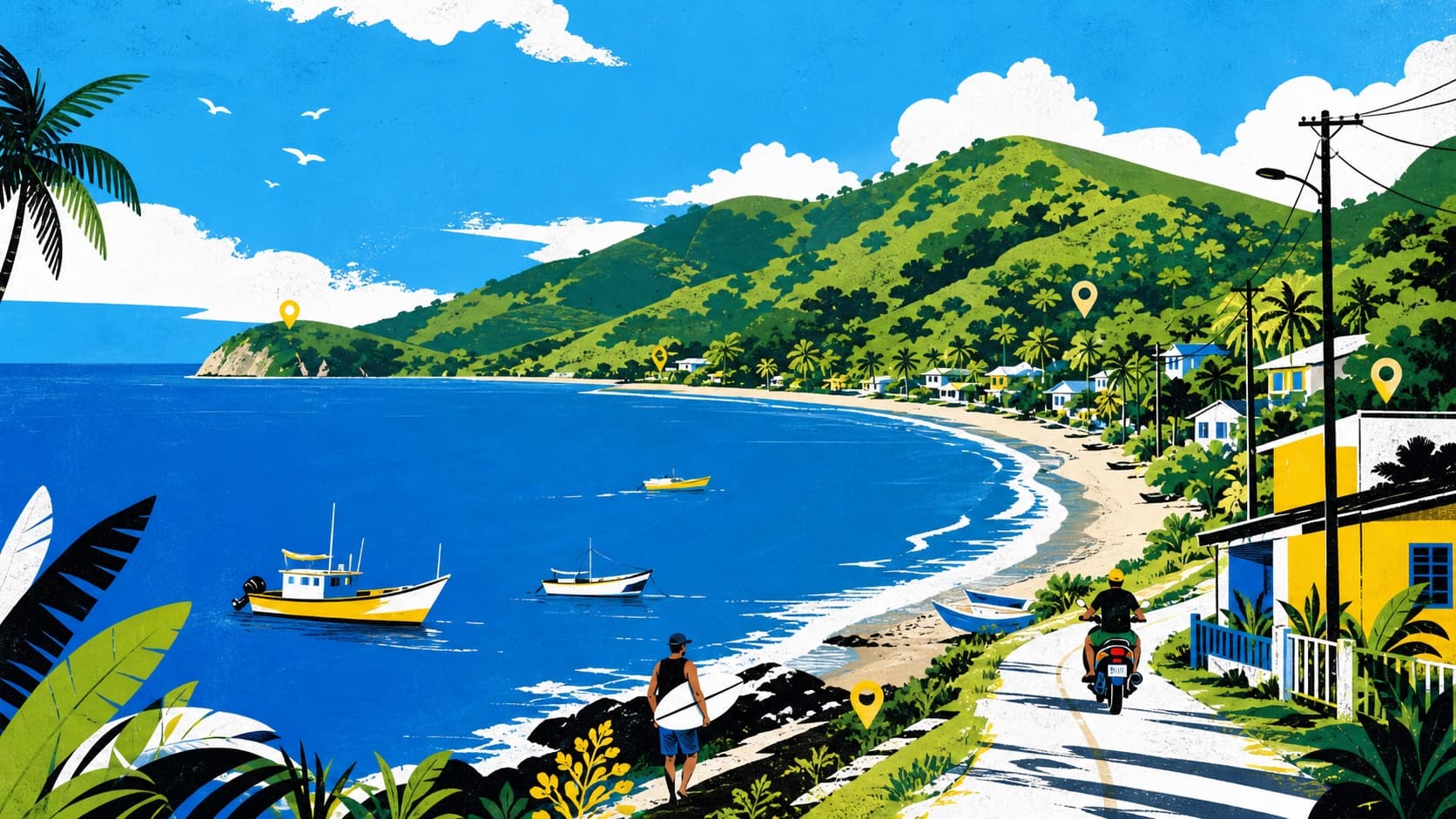 Editorial illustration of the coast, hills, roads, and local life around Tambor Bay